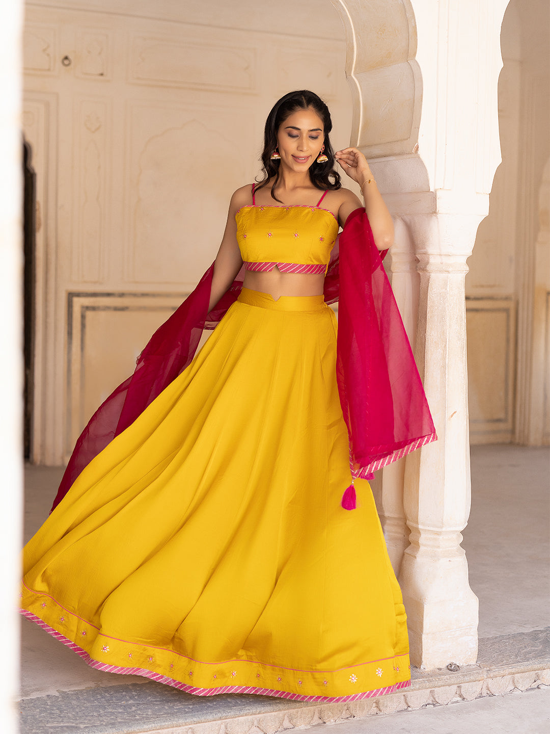 Gold Fusion Solid Mustard  Lehenga Set  - By Ragavi - qivii
