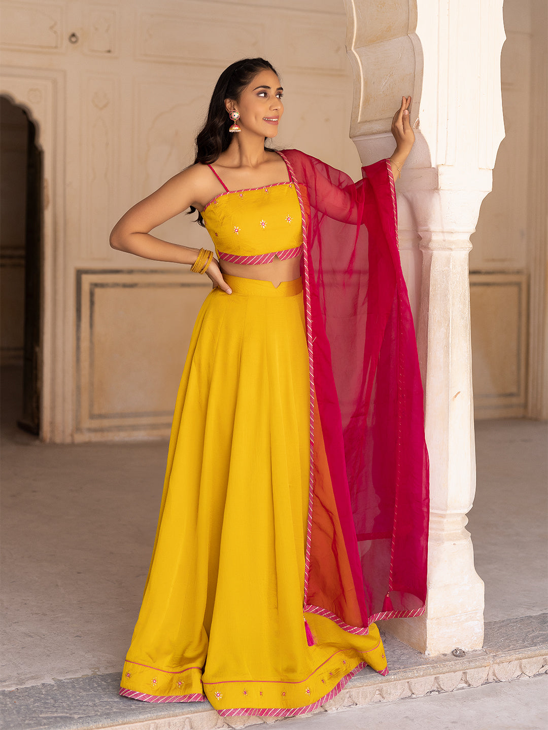 Gold Fusion Solid Mustard  Lehenga Set  - By Ragavi - qivii