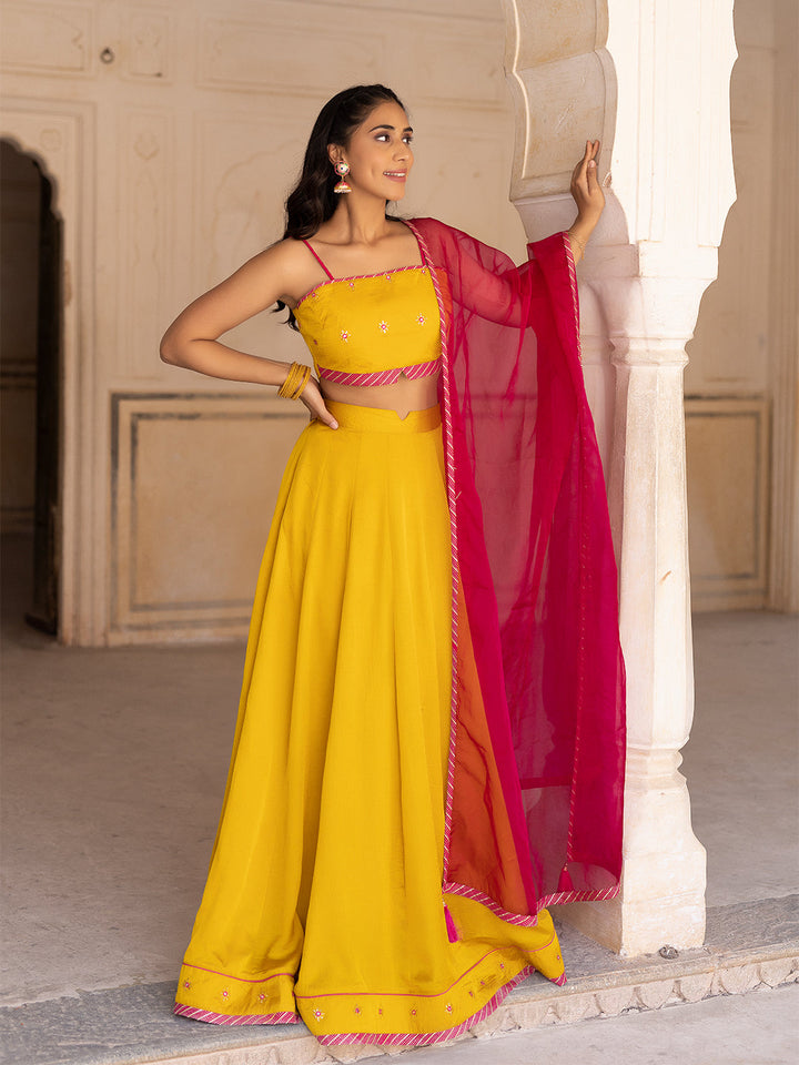Gold Fusion Solid Mustard  Lehenga Set  - By Ragavi - qivii