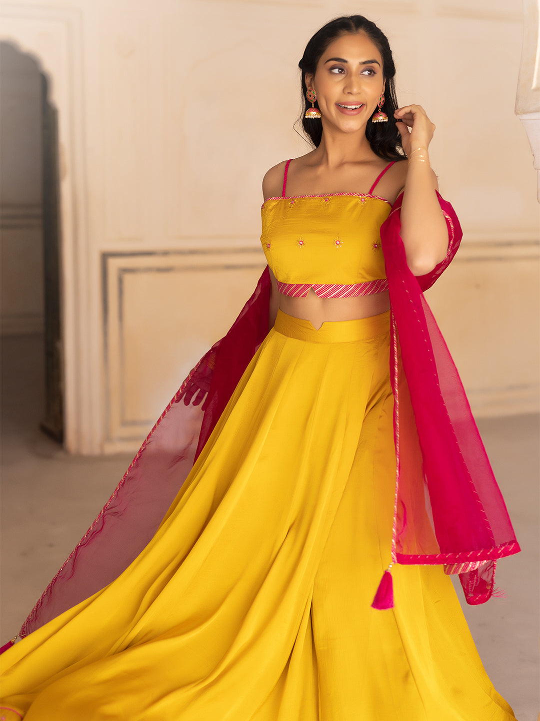 Gold Fusion Solid Mustard  Lehenga Set  - By Ragavi - qivii