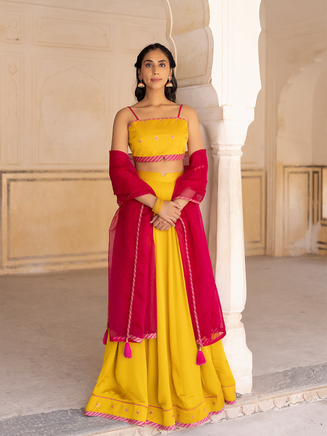 Gold Fusion Solid Mustard  Lehenga Set  - By Ragavi - qivii