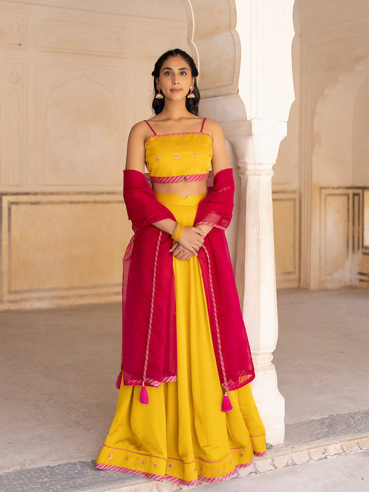 Gold Fusion Solid Mustard  Lehenga Set  - By Ragavi - qivii