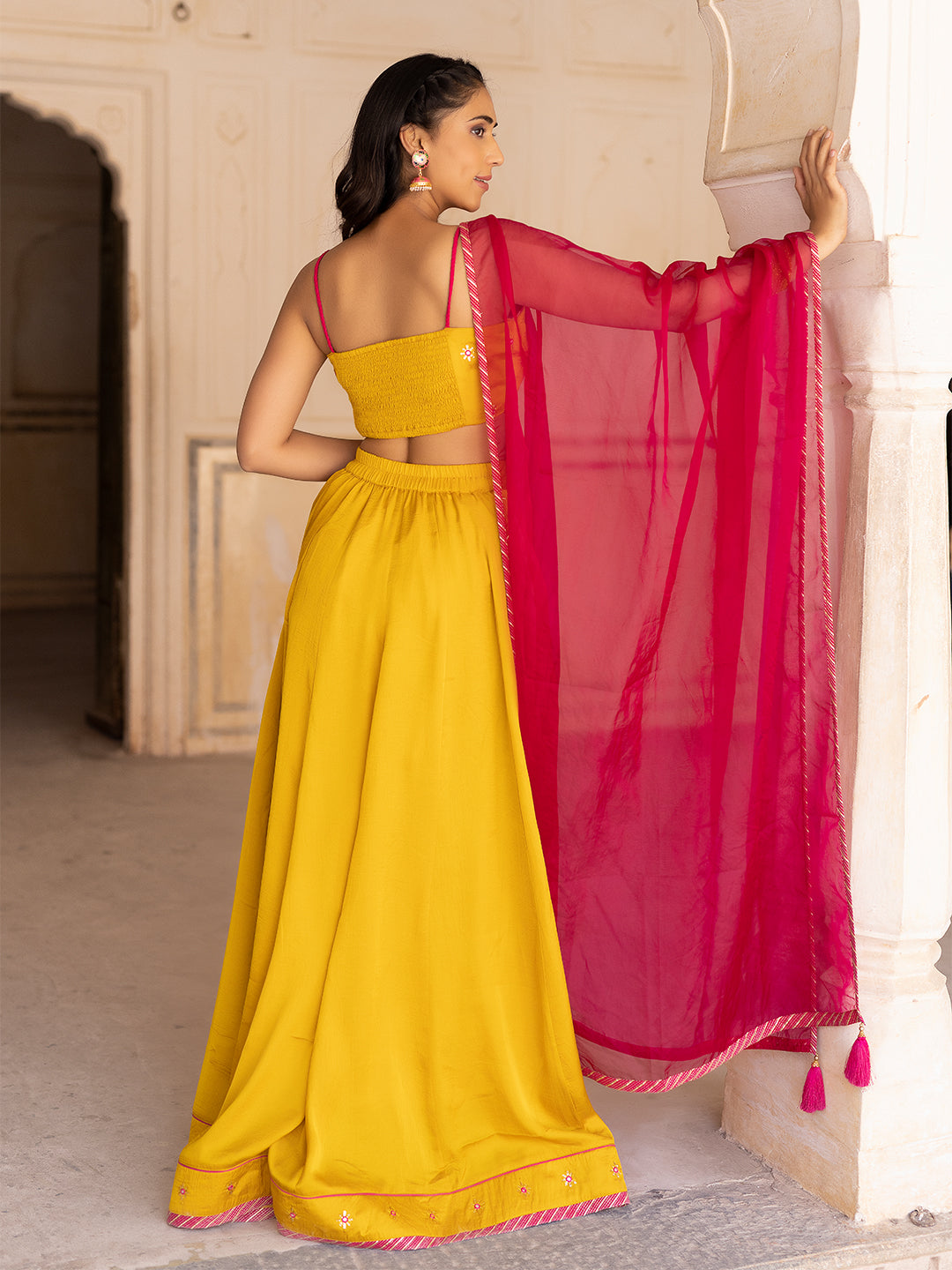 Gold Fusion Solid Mustard  Lehenga Set  - By Ragavi - qivii