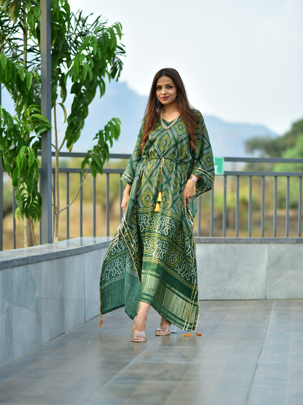 Green Color Digital Bandhej Print Pure Gaji Silk Kaftan - qivii
