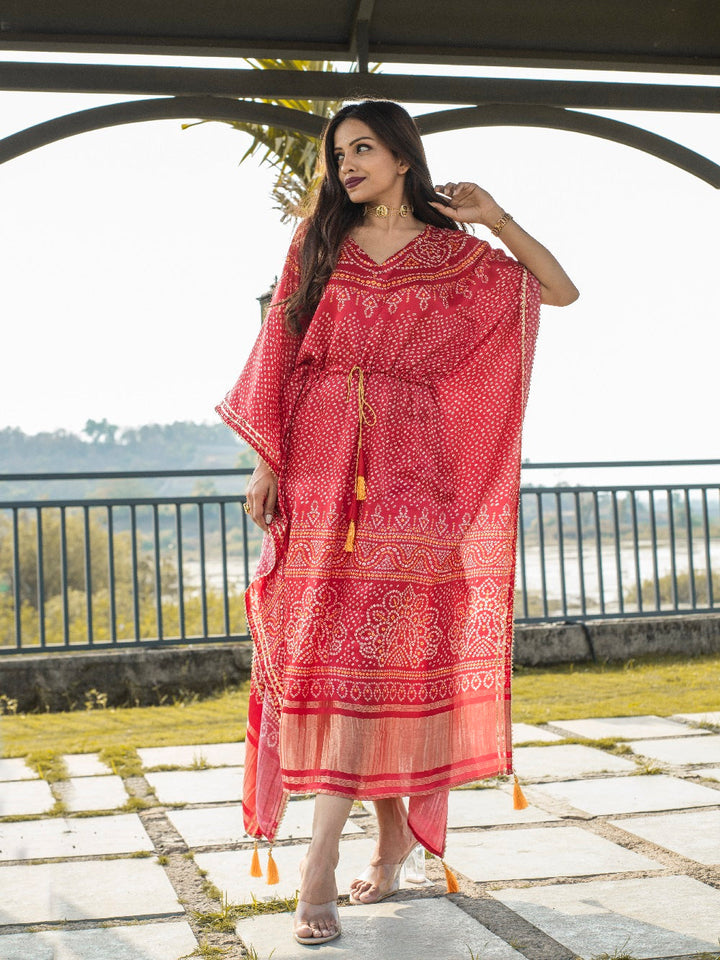 Red Color Digital Bandhej Print Pure Gaji Silk Kaftan - qivii