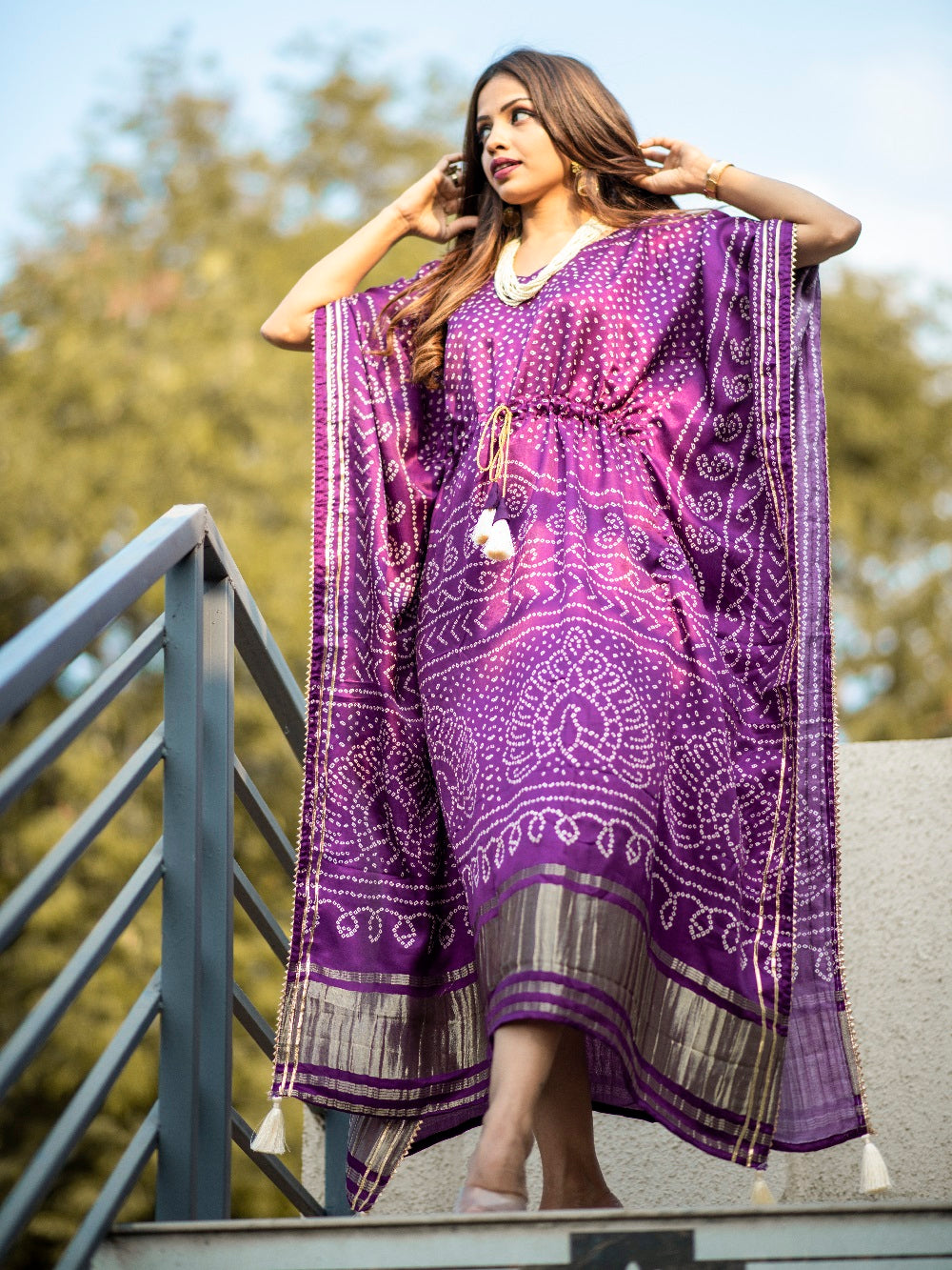 Wine Color Digital Bandhej Print Pure Gaji Silk Kaftan Dress - qivii