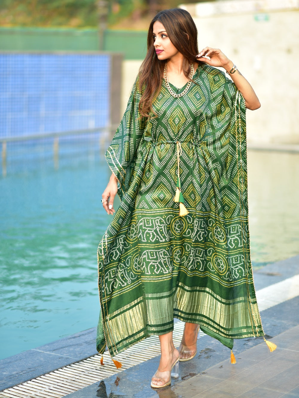 Green Color Digital Bandhej Print Pure Gaji Silk Kaftan - qivii