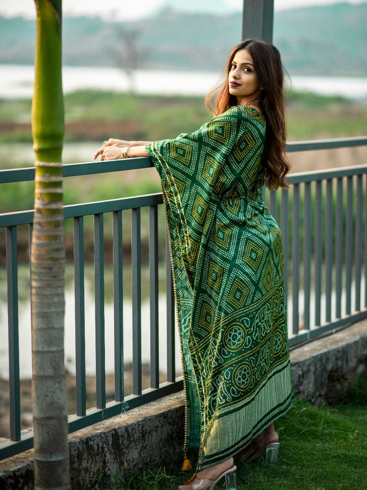 Green Color Digital Bandhej Print Pure Gaji Silk Kaftan - qivii