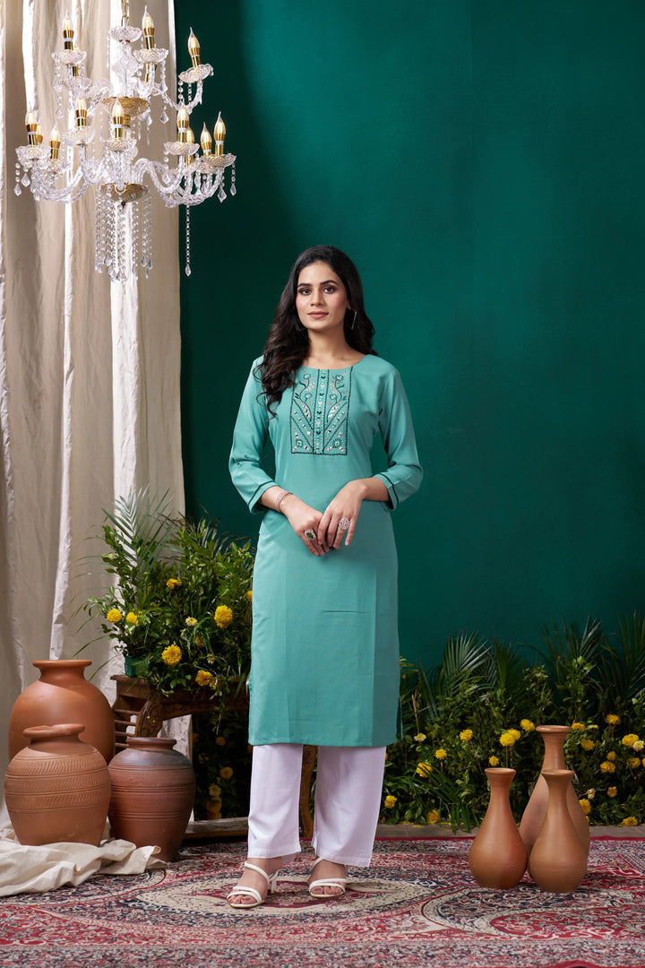 Cyan Kurta Set with Handmade Embroidery - qivii