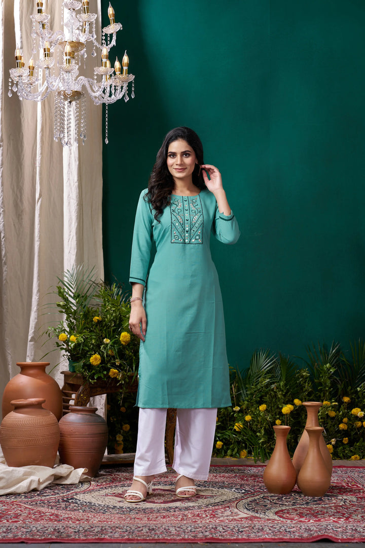 Cyan Kurta Set with Handmade Embroidery - qivii