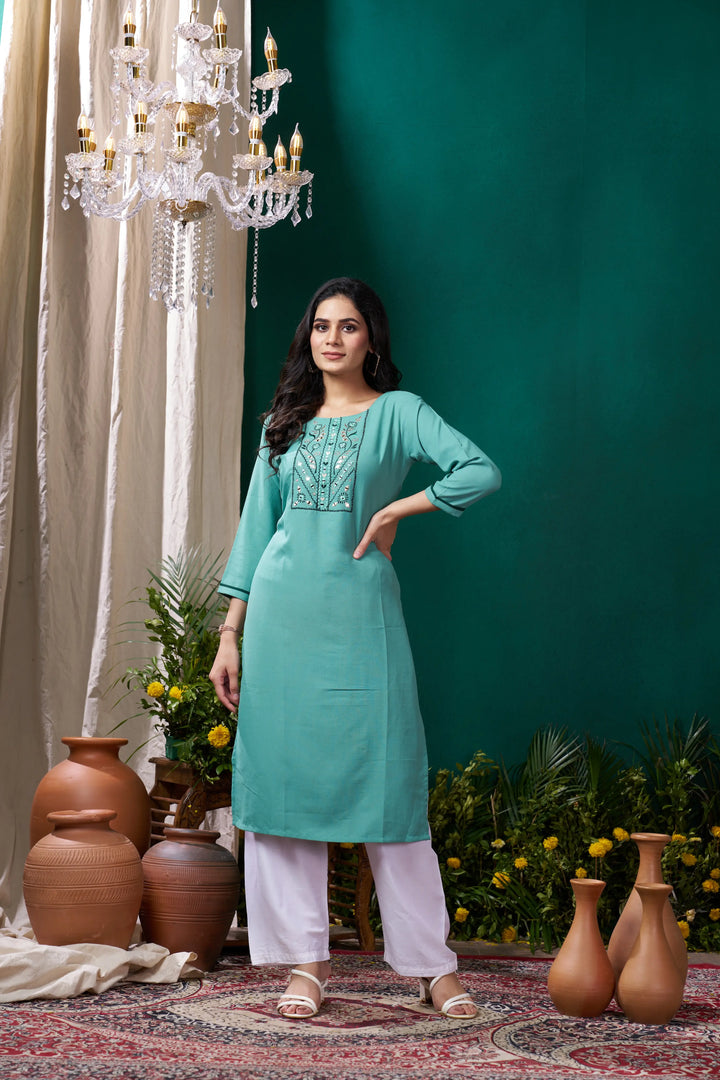 Cyan Kurta Set with Handmade Embroidery - qivii