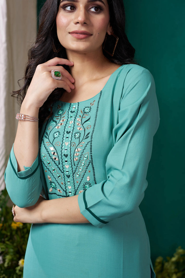 Cyan Kurta Set with Handmade Embroidery - qivii
