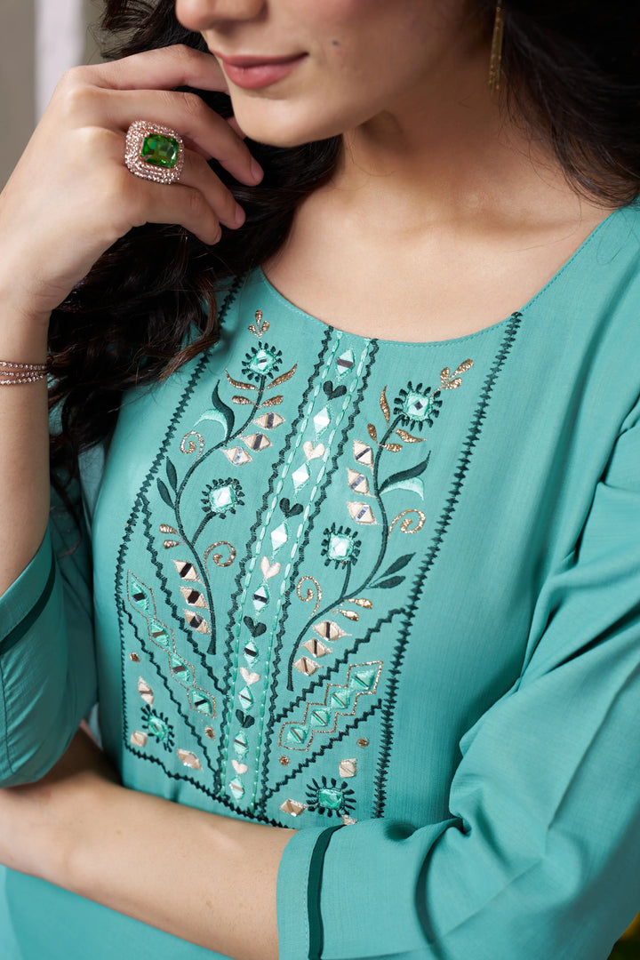 Cyan Kurta Set with Handmade Embroidery - qivii