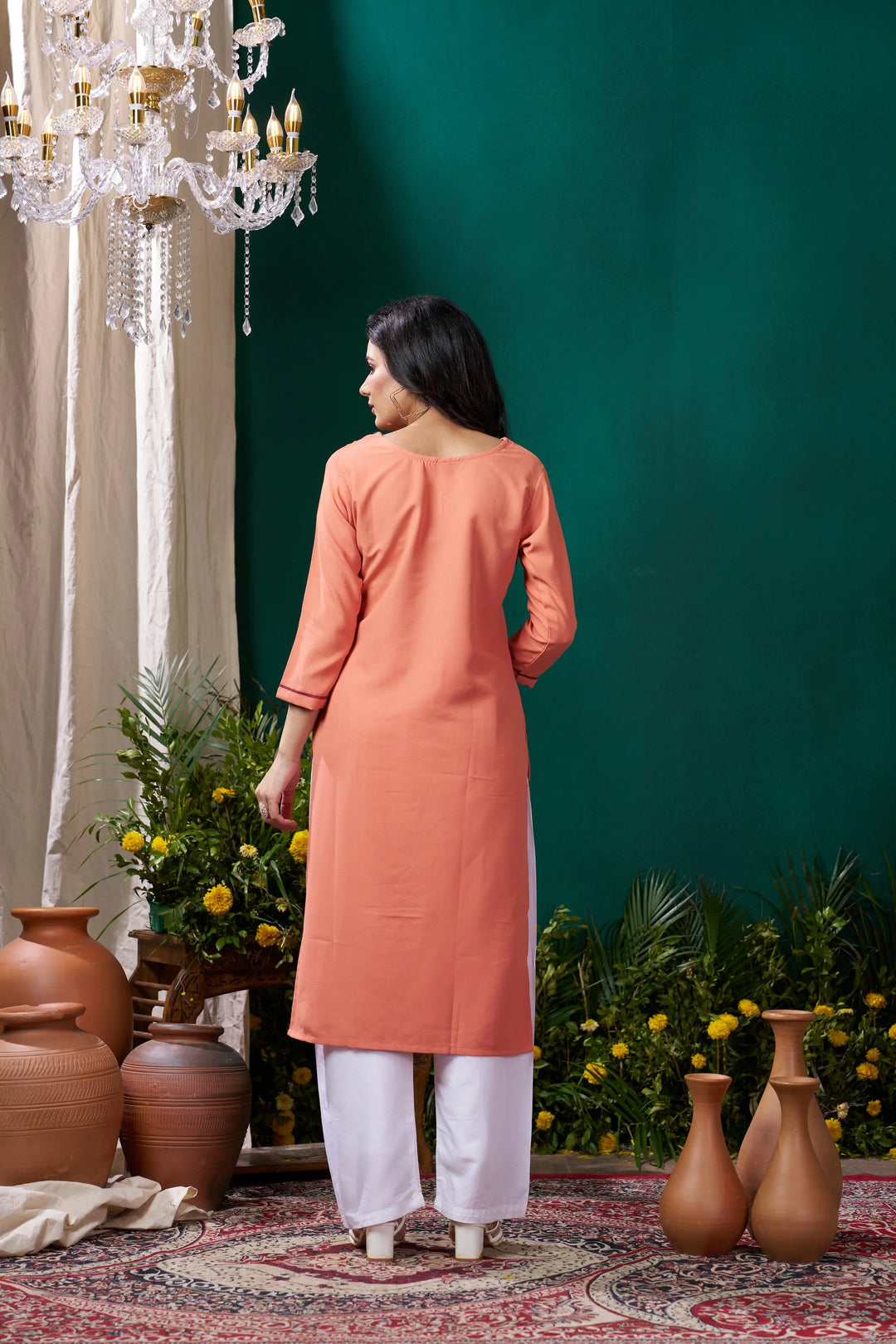 Peach Handwork Kurta Set With Pocket - qivii