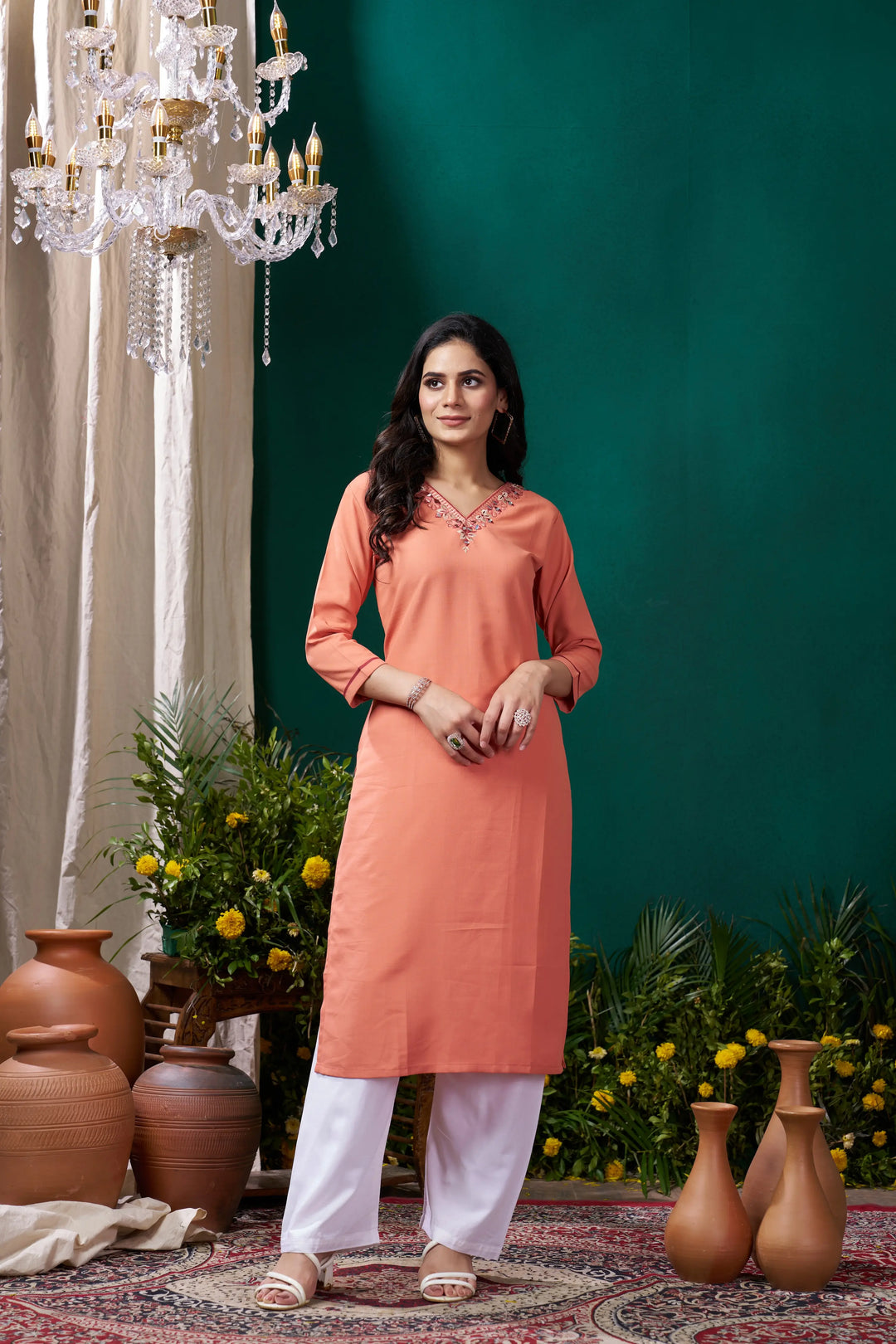 Peach Handwork Kurta Set With Pocket - qivii