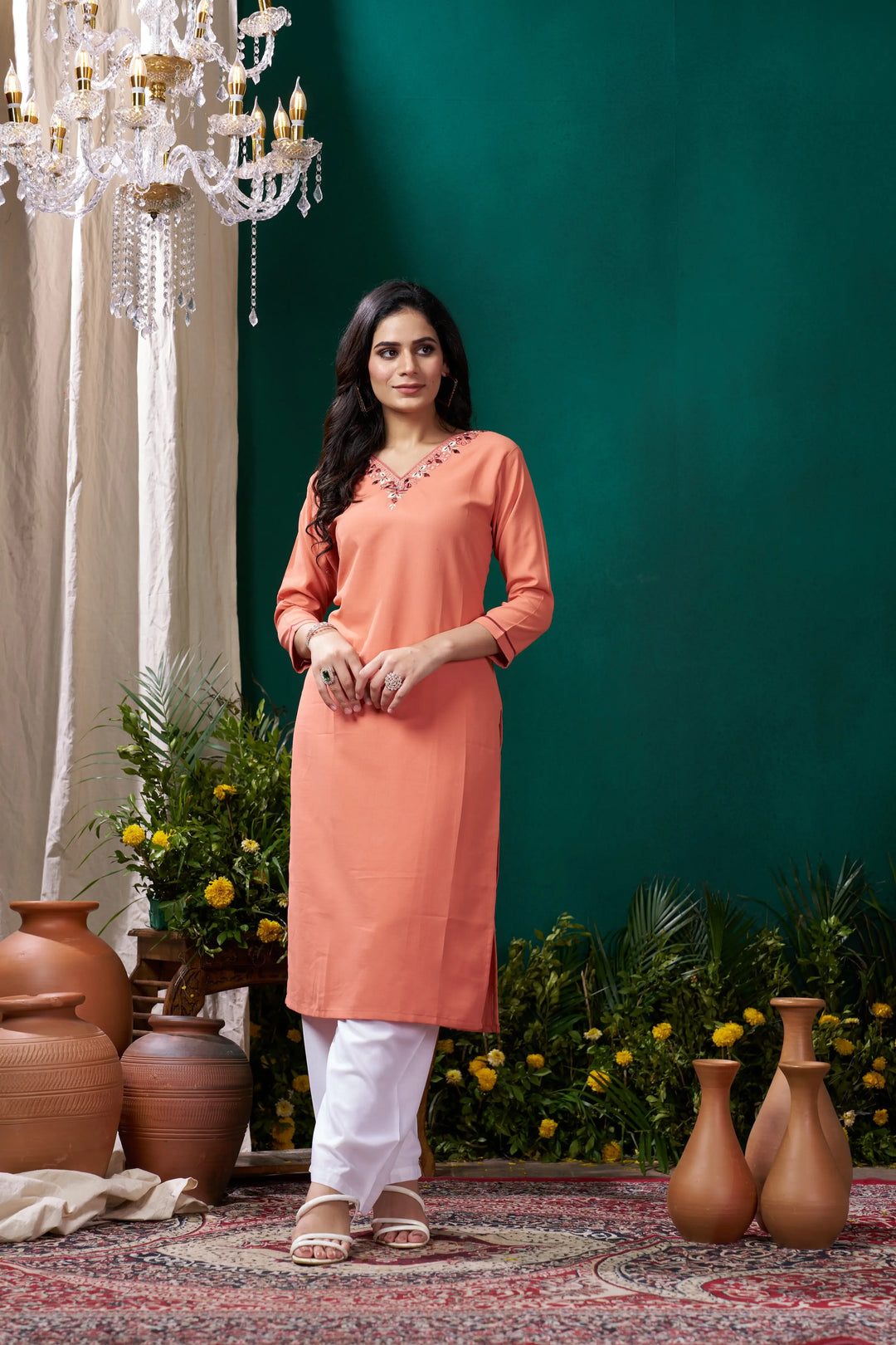 Peach Handwork Kurta Set With Pocket - qivii