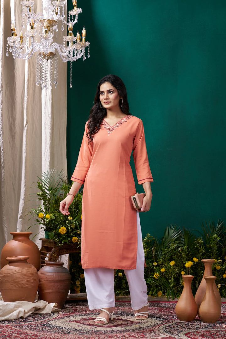 Peach Handwork Kurta Set With Pocket - qivii