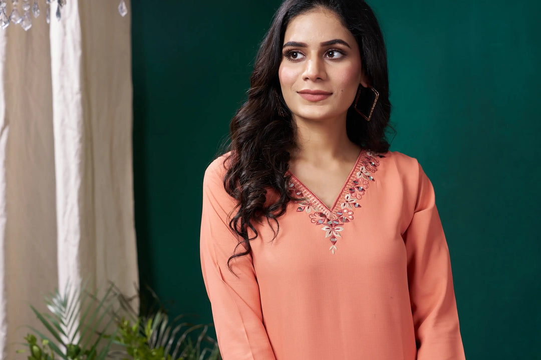 Peach Handwork Kurta Set With Pocket - qivii