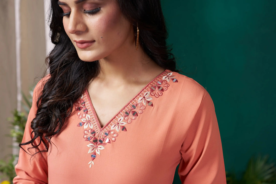 Peach Handwork Kurta Set With Pocket - qivii