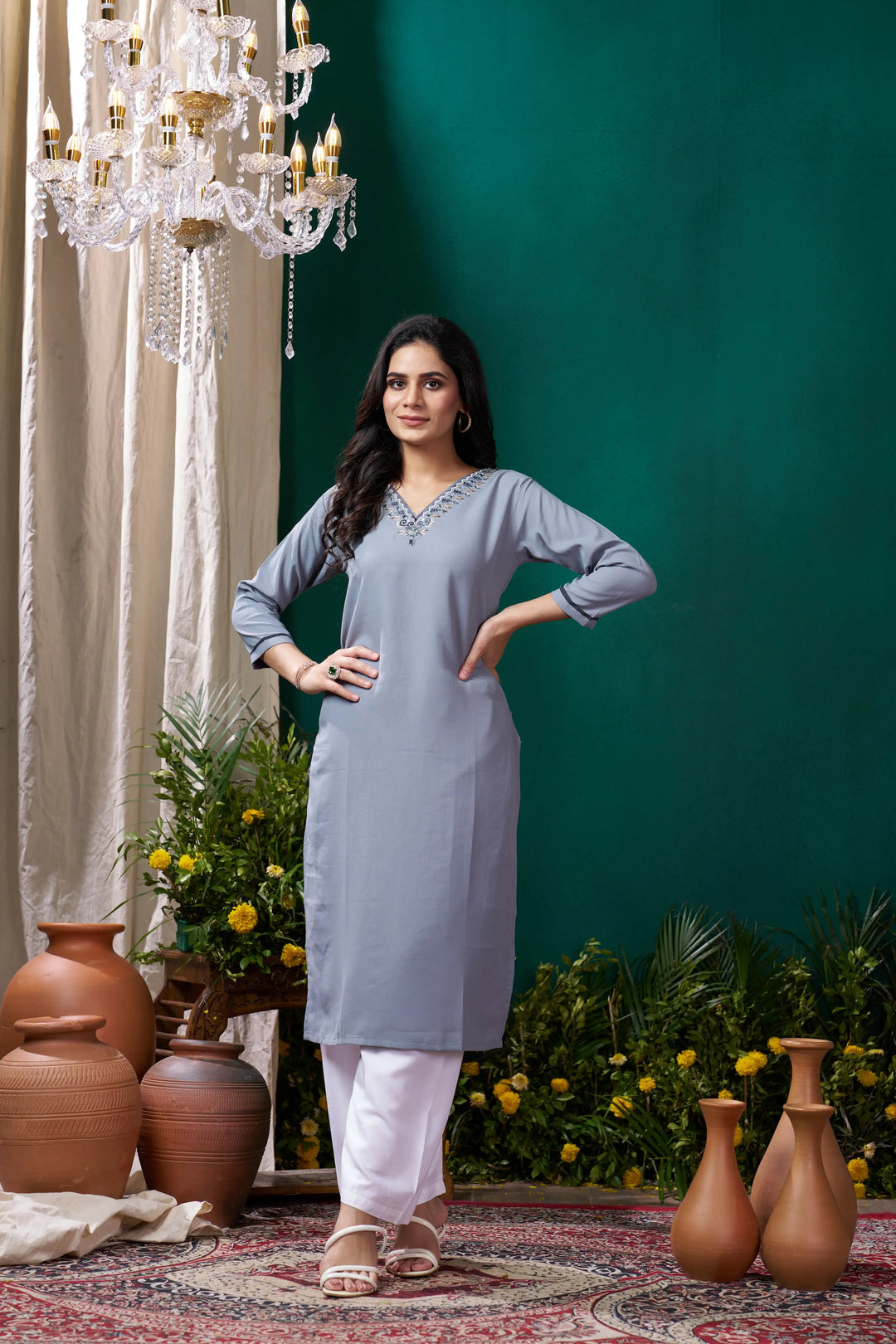 Tealish Blue Handwork Kurta Set With Pocket featuring intricate handwork and comfortable Rayon pant for daily wear 