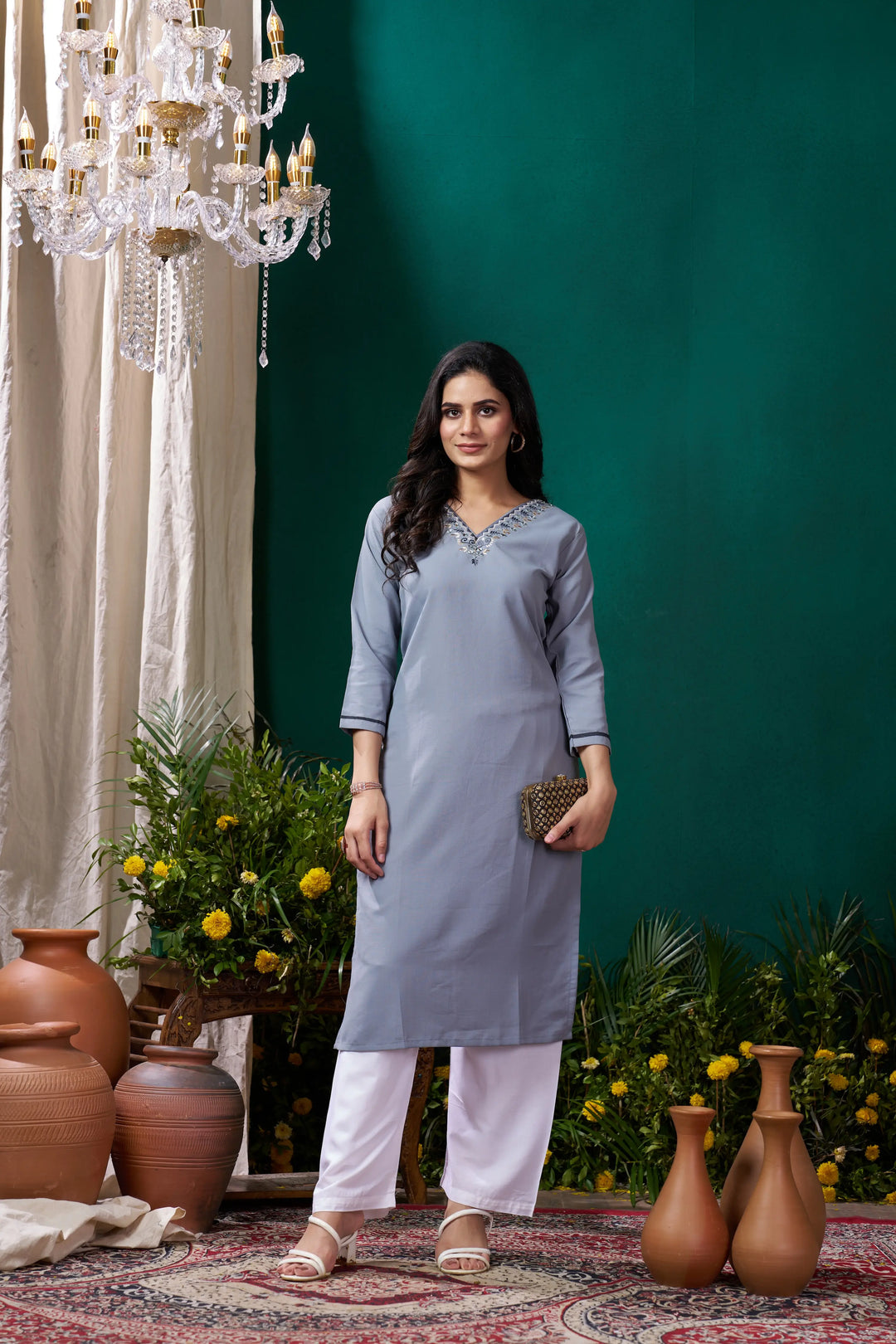  Tealish Blue Handwork Kurta Set With Pocket, a perfect combination of style and ease for various occasions