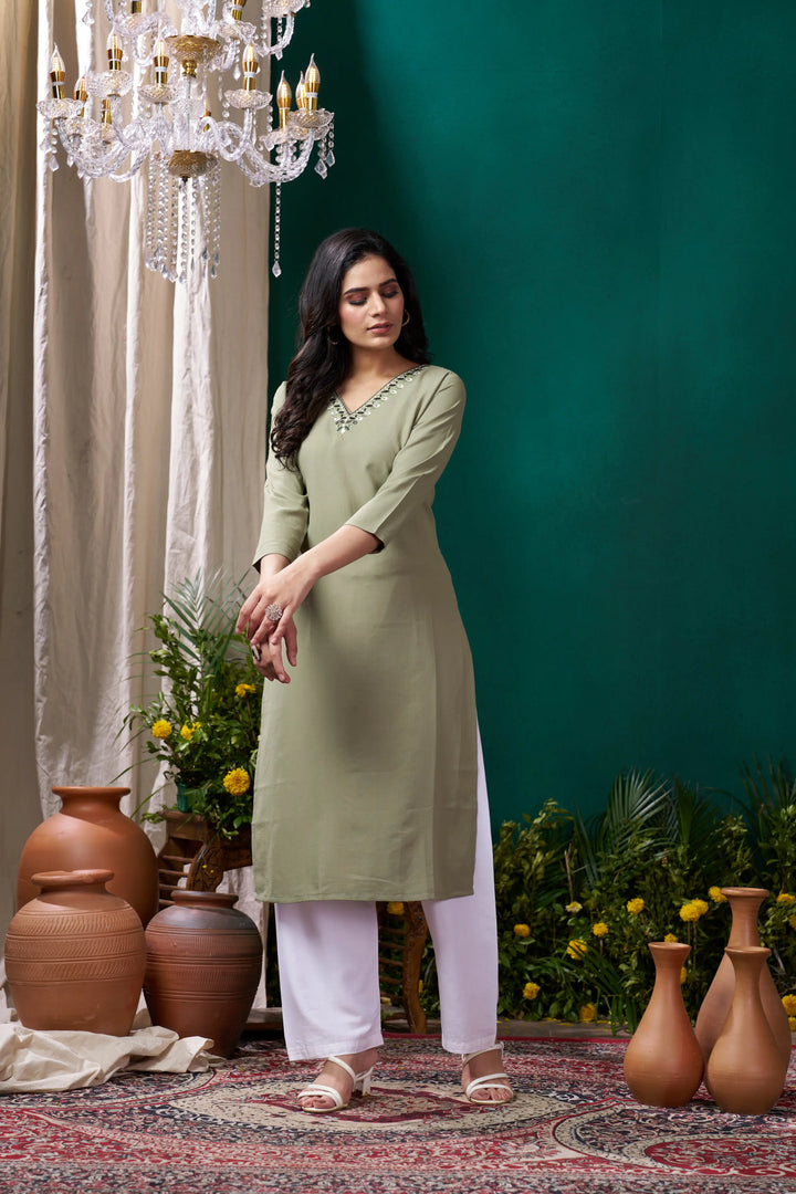 Pistachio Green Kurta Set with Handmade Embroidery - qivii