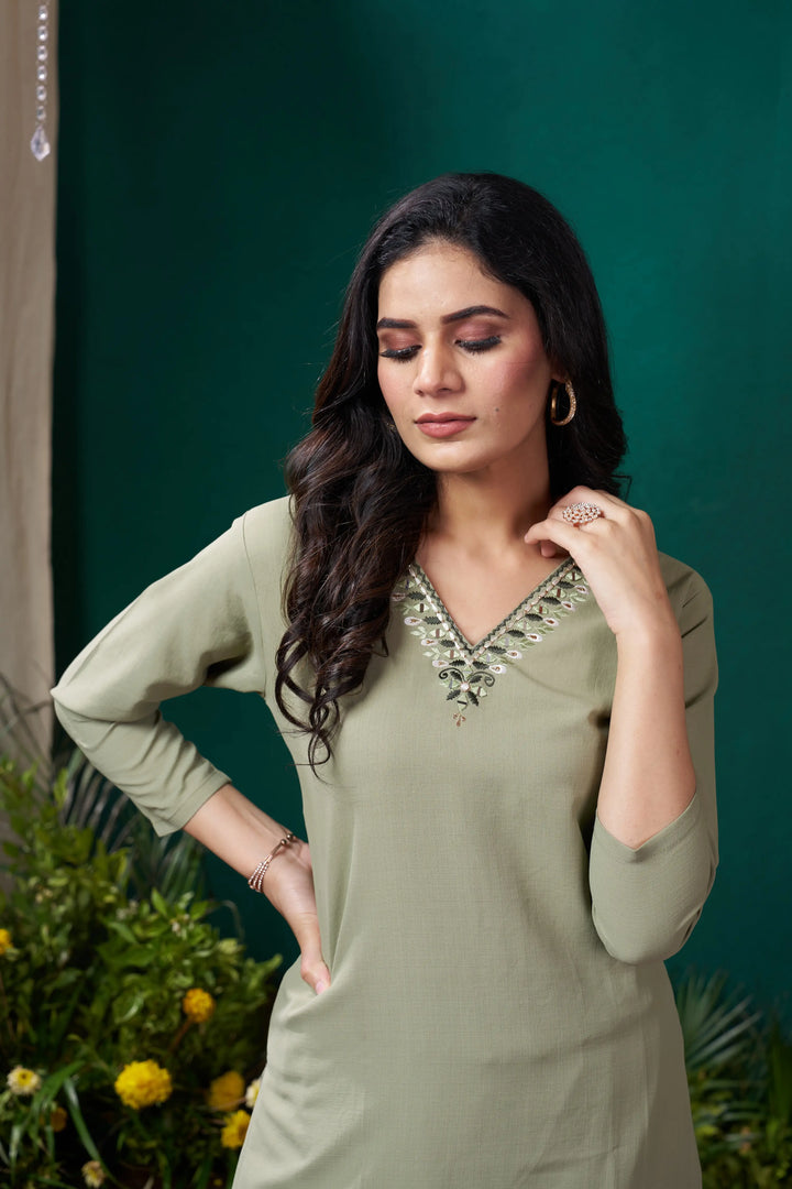 Pistachio Green Kurta Set with Handmade Embroidery - qivii