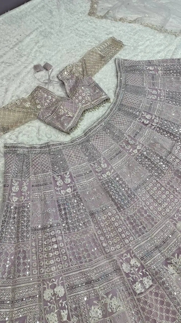 Dusty Pink Net Lehenga Choli With Thread & Sequence Work | Ready To Wear - qivii