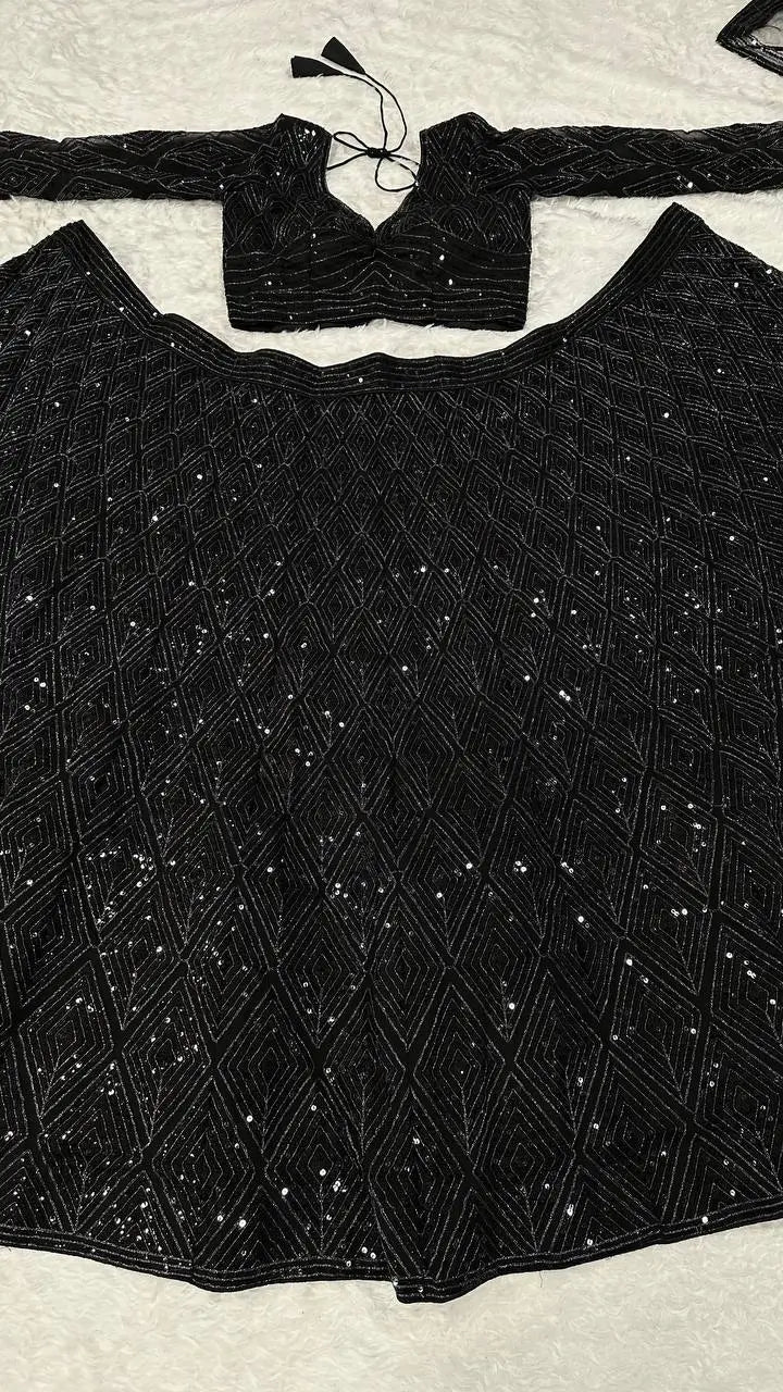Black Georgette Sequence & Dori Work Lehenga Choli | Ready To Wear - qivii