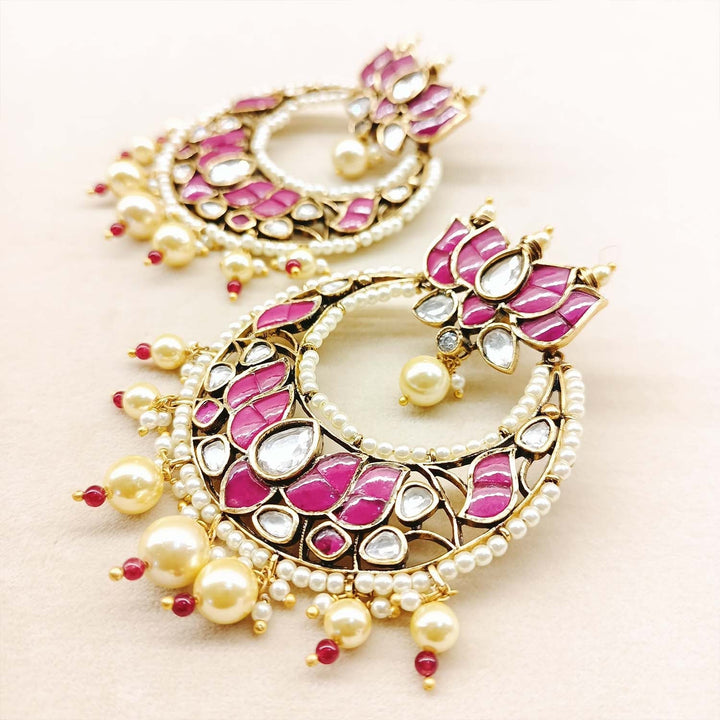 Anju Majenta Pachi Kundan Gold Plated Chandbali - qivii