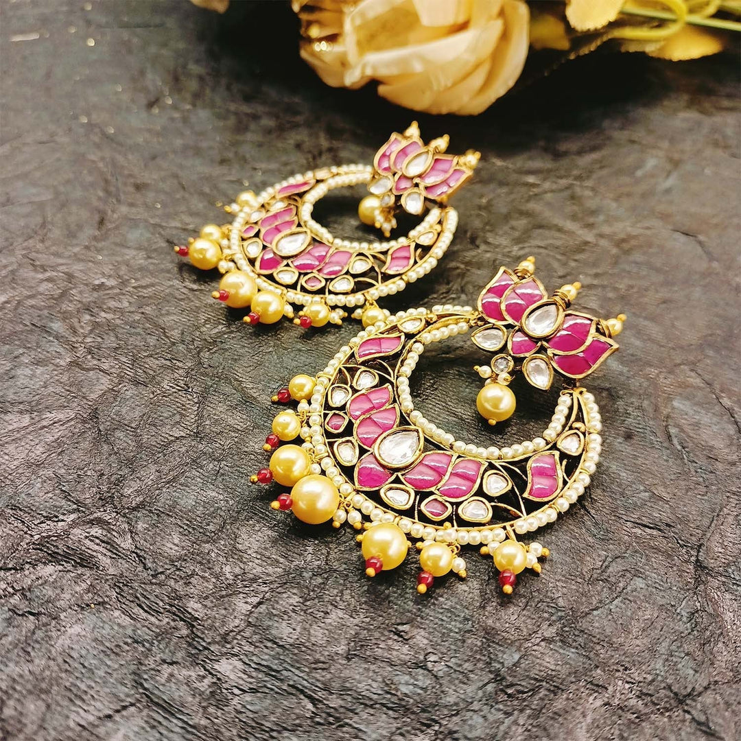 Anju Majenta Pachi Kundan Gold Plated Chandbali - qivii