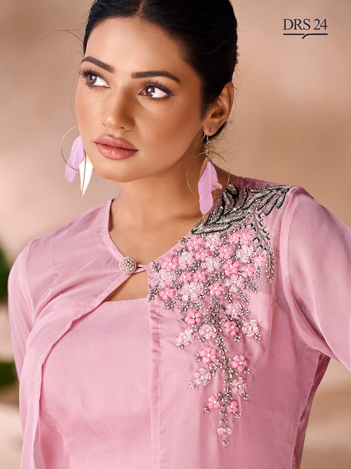 BABY PINK ORGANZA HANDWORK CO-ORD SET - qivii