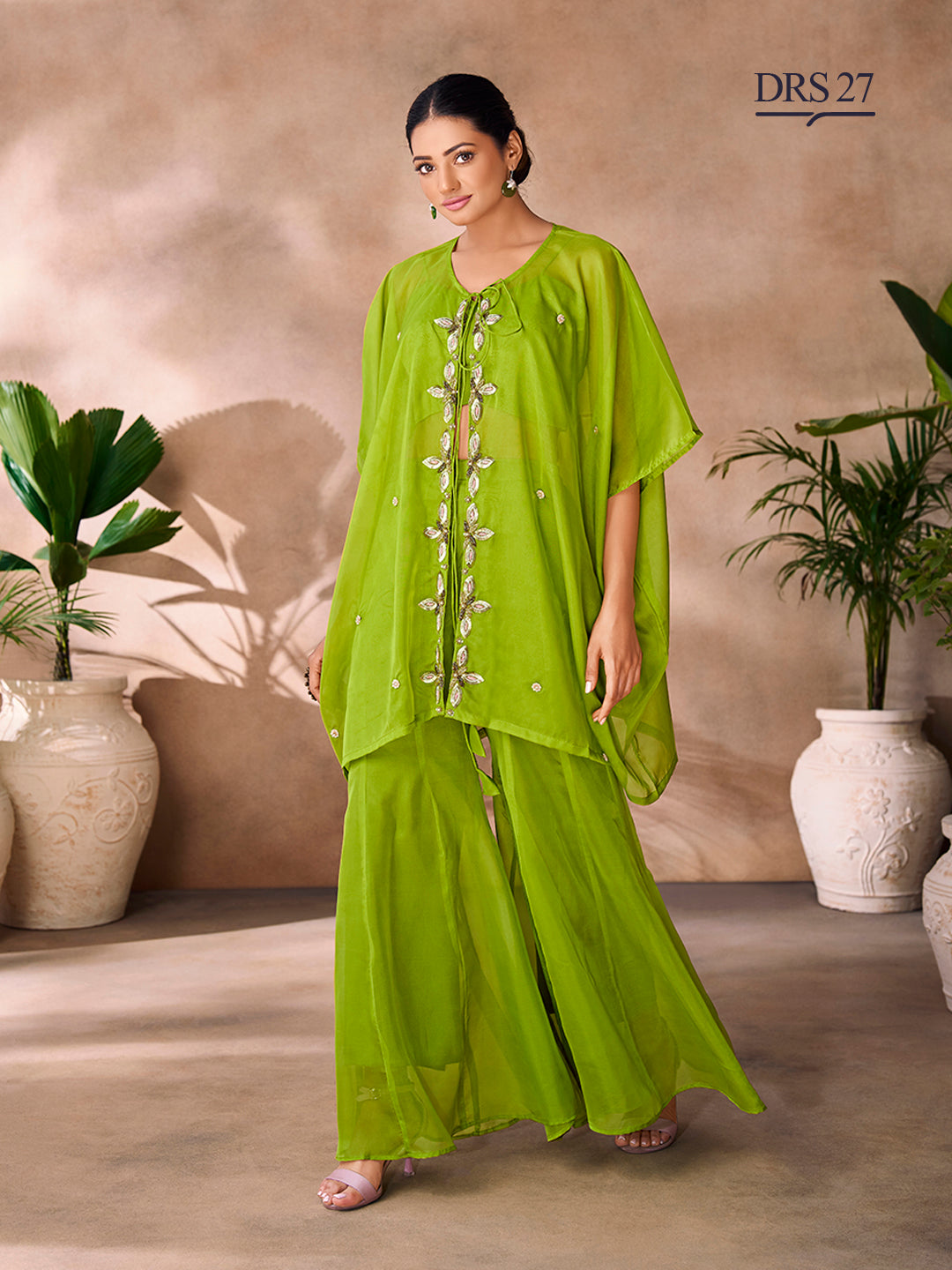 PARROT GREEN ORGANZA HANDWORK CO-ORD SET - qivii