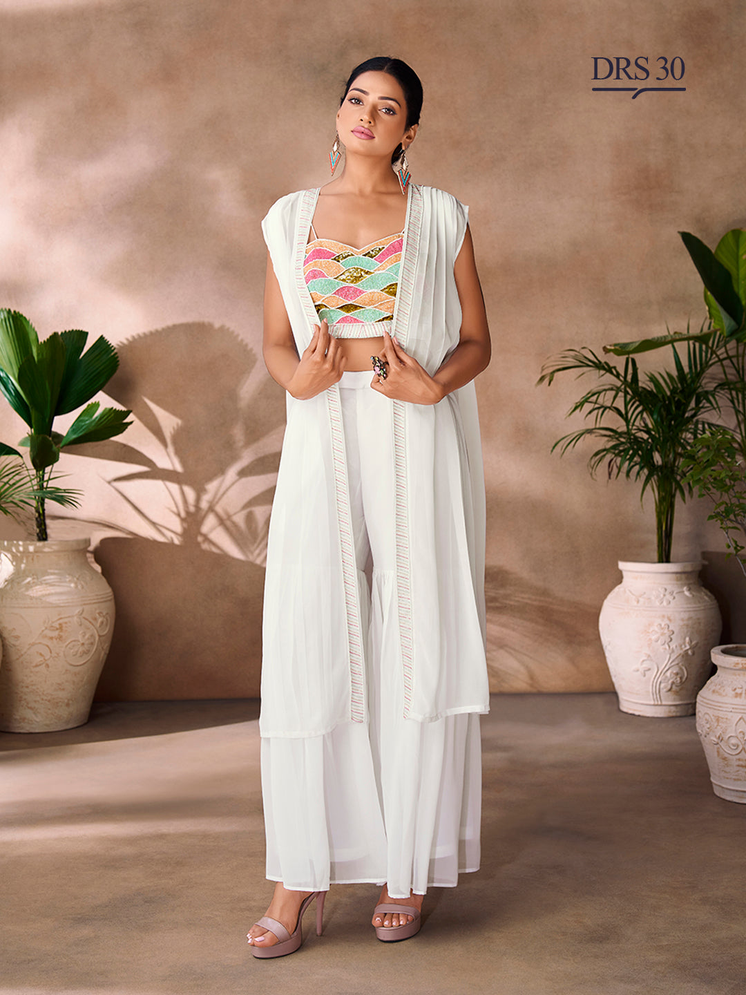 WHITE GEORGETTE HANDWORK CO-ORD SET - qivii