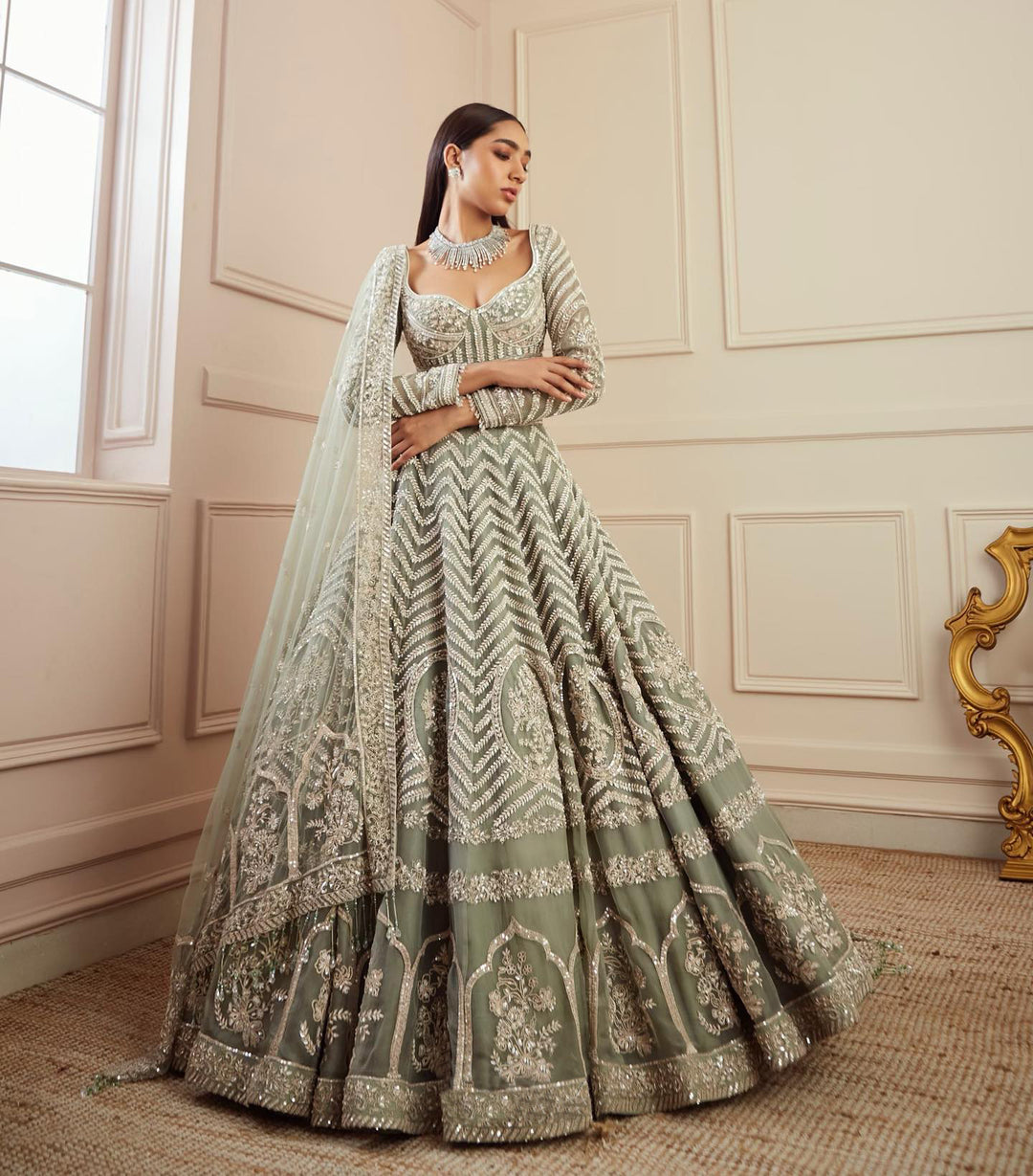 Green Georget lehnga with heavy sequence, dori & zari work - INSPIRED | Ready To Wear - qivii