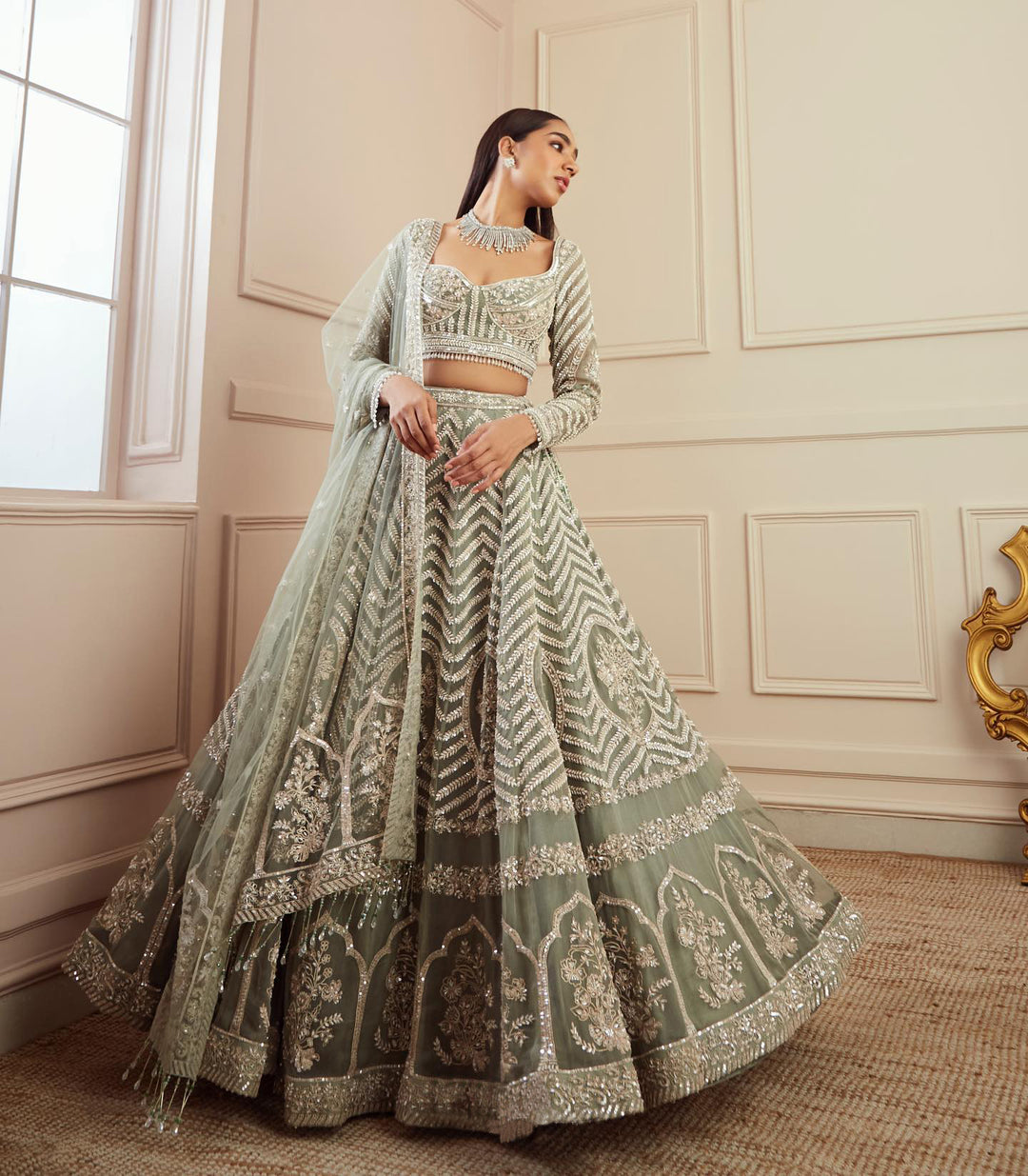 Green Georget lehnga with heavy sequence, dori & zari work - INSPIRED | Ready To Wear - qivii