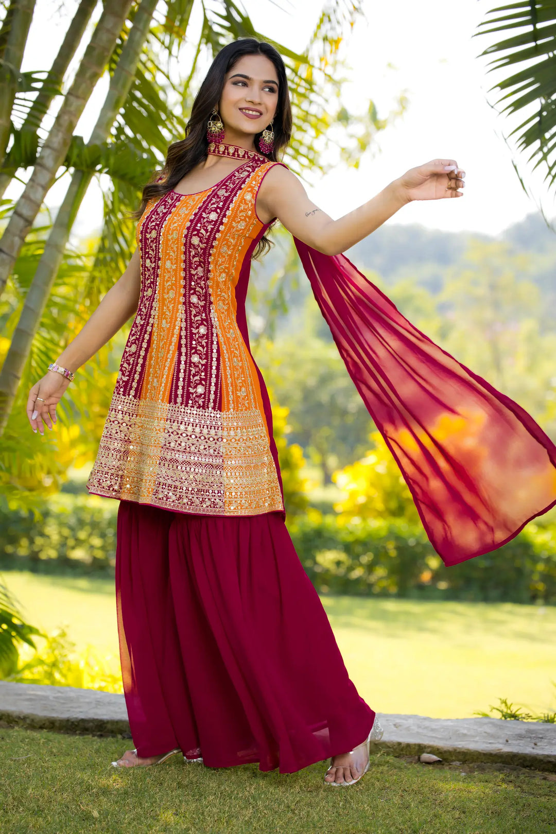 Dark Pink Georgette Sequence Embroidery Work Salwar Suit - qivii