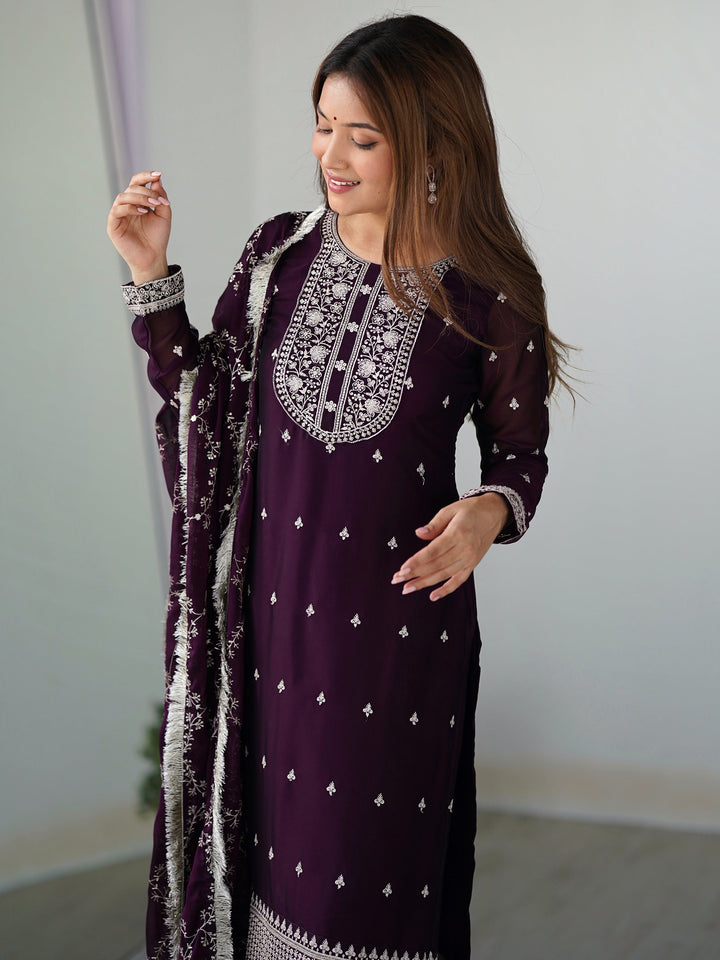 Wonderful Purple Embroidered Silk Pant Suit With Dupatta for elegant occasions