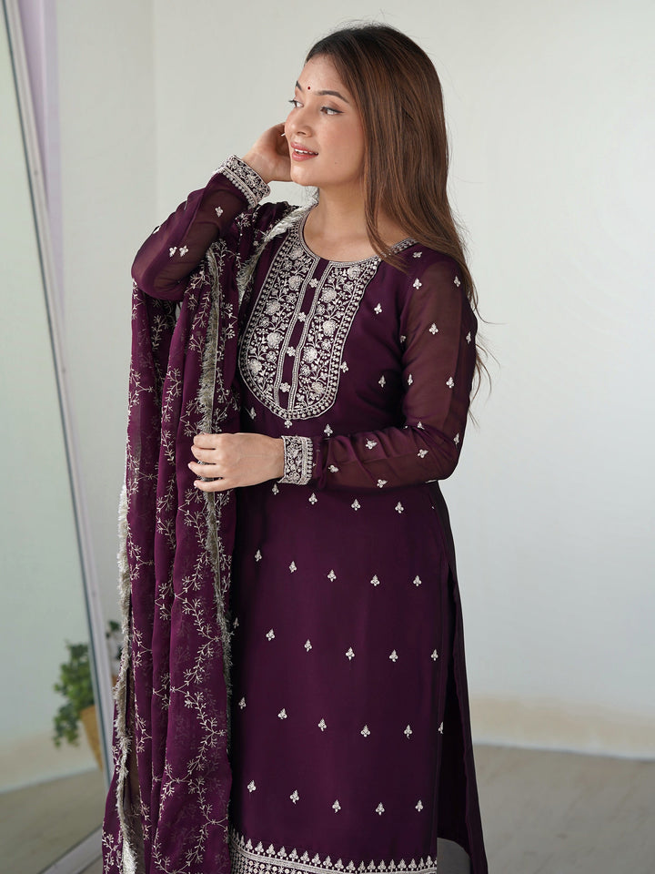 Wonderful Purple Embroidered Silk Pant Suit With Dupatta for elegant occasions