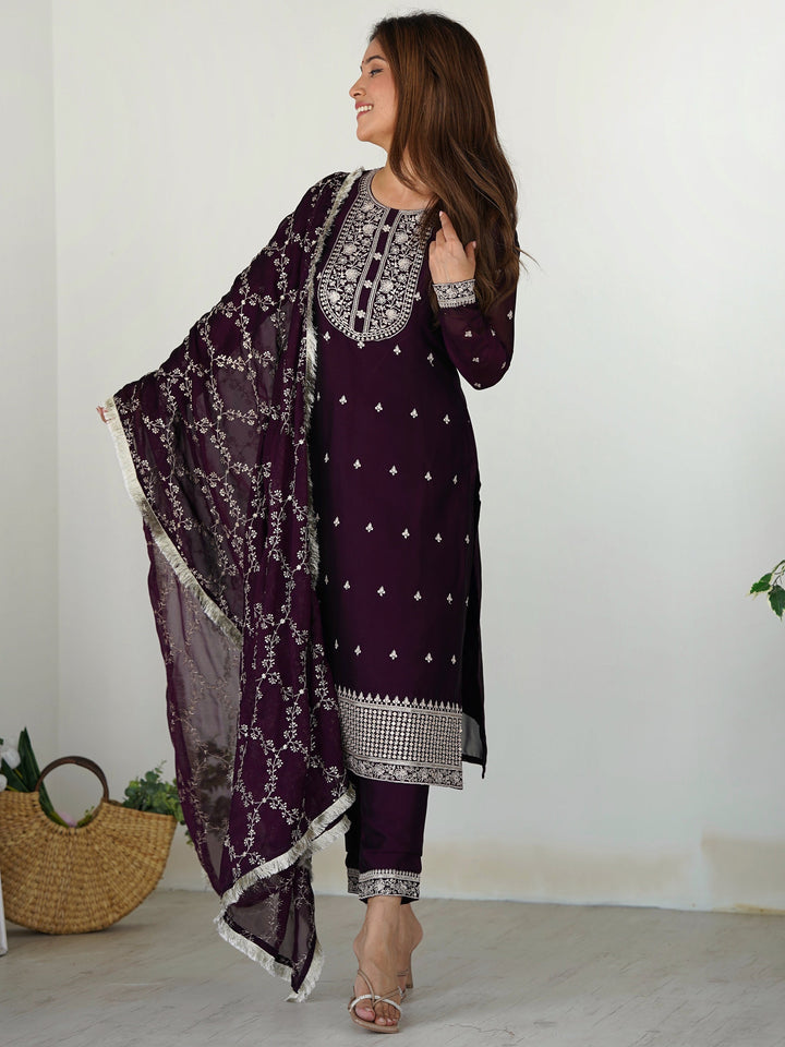 Beautiful purple silk pant suit with intricate embroidery and matching dupatta