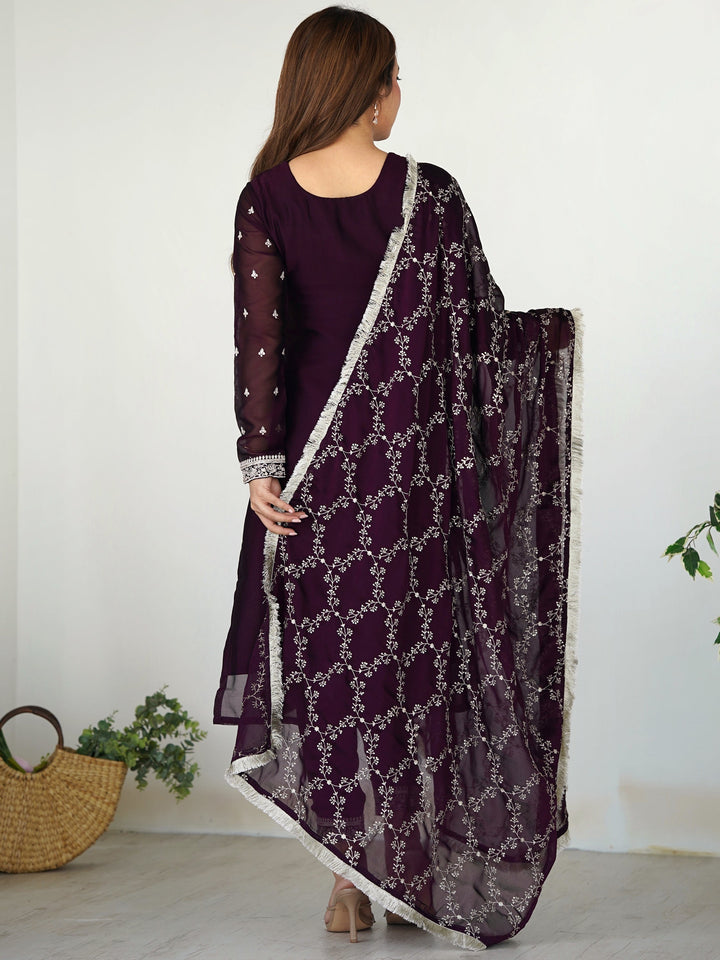 Beautiful purple silk pant suit with intricate embroidery and matching dupatta