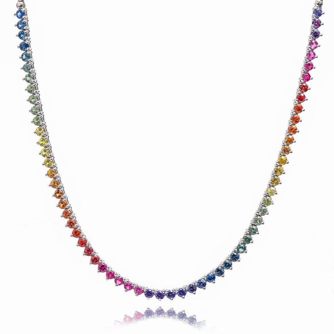 Rainbow Sapphire Vibrant Three Prong Tennis Necklace - qivii