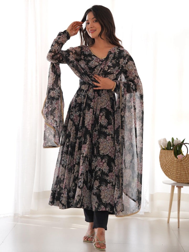 
Black georgette anarkali suit with intricate floral print and V-neck design