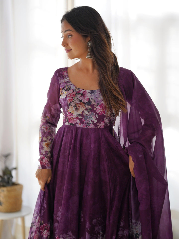  Elegantly designed purple floral printed organza Anarkali suit for special events
