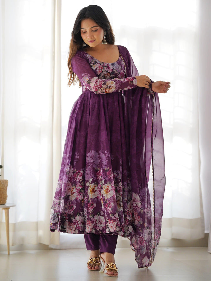 Attractive Purple Floral Printed Organza Anarkali Suit with intricate embroidery and elegant design