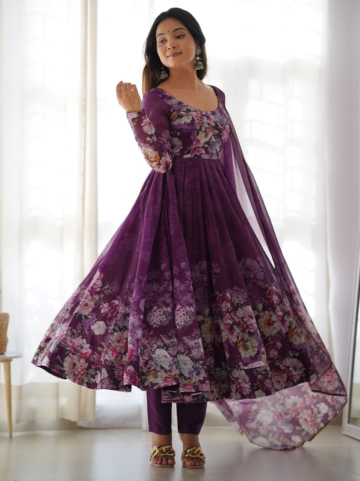 Attractive purple floral printed organza event wear anarkali suit with intricate detailing