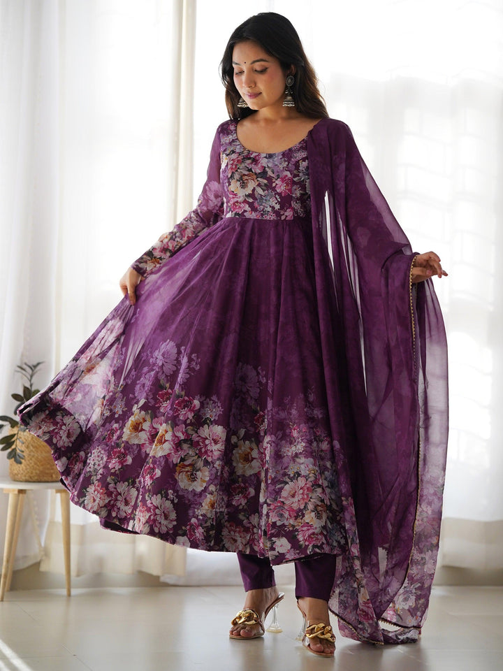 Attractive purple floral printed organza event wear anarkali suit with intricate embroidery and elegant design