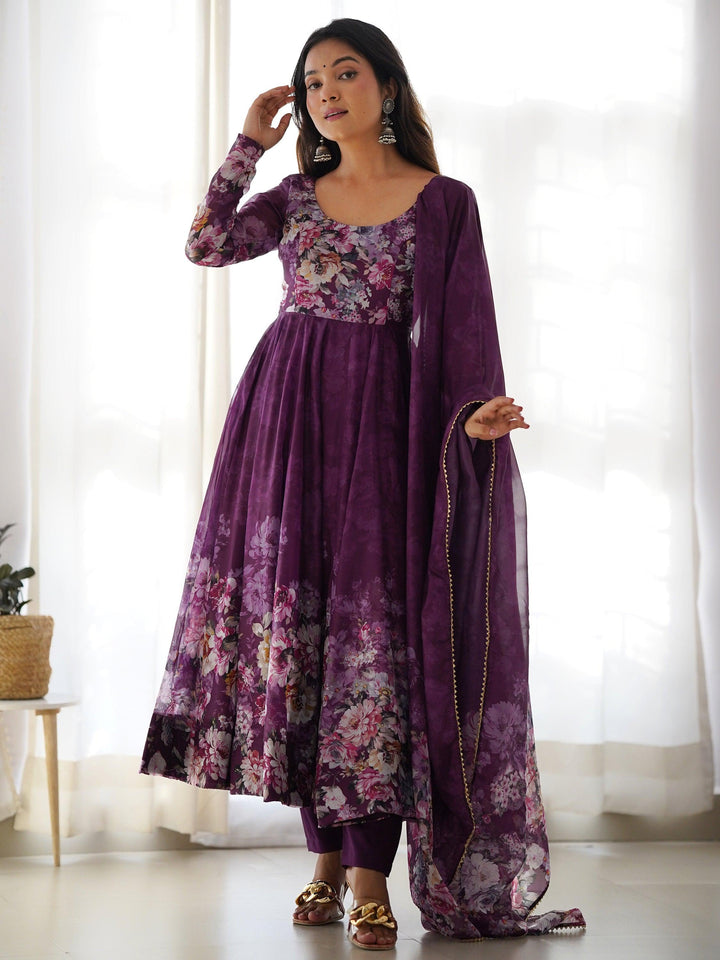 Attractive purple floral printed organza Anarkali suit for special events