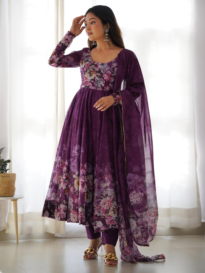 Elegant purple Anarkali suit with floral organza print for special events