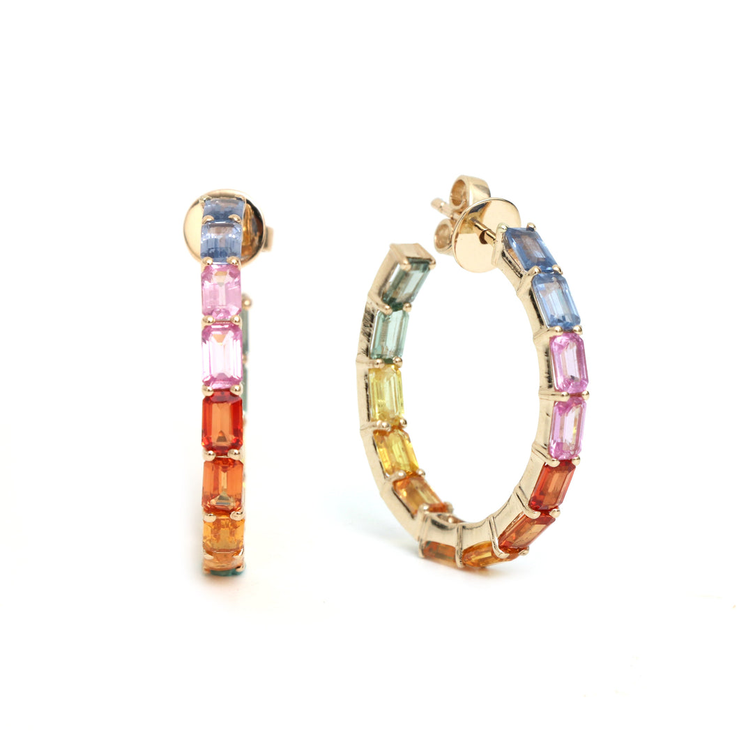 Rainbow Sapphire Thin Octagon Hoops - qivii